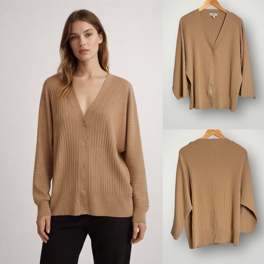 COS Ribbed V Neck Cardigan Sweater Womens Size Large Button Up Dolman Sleeve Tan
